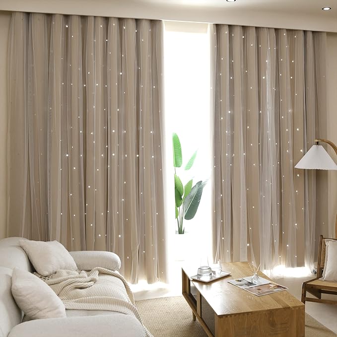 Kinryb Kids Blackout Curtains for Bedroom/Living Room/Classroom, Sheer Overlay 2 Panel Set, Double Layer Curtains with Star Cutout for Kids Room(Each Piece W 70 x L 84 Inches 2 Pcs Beige)