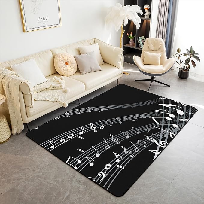 jejeloiu Musical Note Decorative Carpet Black White Music Theme Decorative Carpet Mat Decor Extra Soft Rugs for Living Room Bedroom Room Washable Area Rug 5x7s