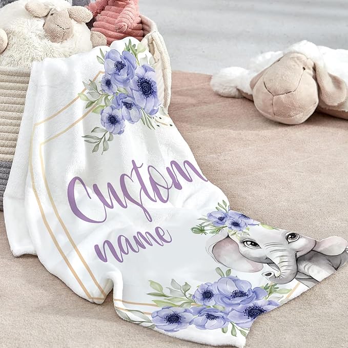 Custom Baby Crib Bedding Set - Purple Flower Elephant Design Personalized Name Baby Nursery Bedding 3 Pcs Set - Chic Soft Blanket, Fitted Sheet, Room Rug for Newborns Boys Girls Gifts