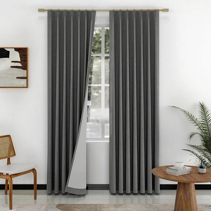 IVAPUPU Linen Pinch Pleated 100% Blackout Curtains for Bedroom - 2 Pages Black Out Grey Curtains 84 Inch Long 2 Panel for Living Room Darkening Thermal Window Curtain Drapes with 16pc Hooks