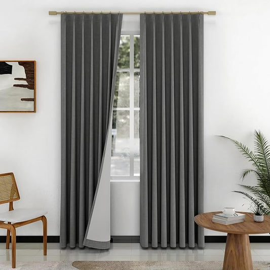 IVAPUPU Linen Pinch Pleated 100% Blackout Curtains for Bedroom - 2 Pages Black Out Grey Curtains 84 Inch Long 2 Panel for Living Room Darkening Thermal Window Curtain Drapes with 16pc Hooks