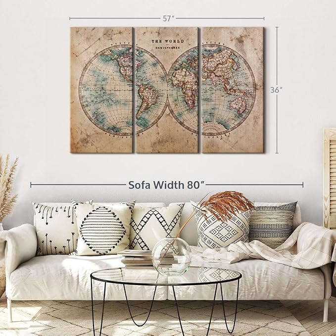 ElephantStock Hemisphere Map Wall Art Multi Piece Canvas - 3 Piece Canvas World Map Wall Decor - Wall Decor Print - Vintage Wall Art - 57" X 36"