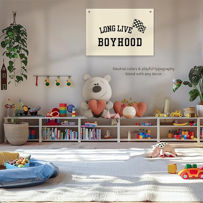 Long Live Boyhood Boys Room Decor - Linen Nursery Banner for Toddler Room Decoration, Farmhouse Kids Wall Hanging, Canvas Banner Flag for Baby Shower, Birthday Gift - A03