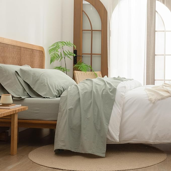 BESTOUCH Sheet Set 100% Washed Cotton Linen Feel Super Soft Comfortable Chic Lightweight 3 Pcs Home Bedding Set Solid Sage Green Twin