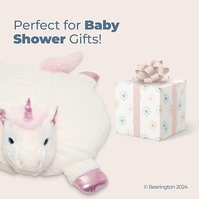 Bearington Baby Dreamer Baby Play Mat - 30 x 30 Inch White and Pink Unicorn Plush Stuffed Animal Blanket - Floor Mat Unicorn Plush Blanket