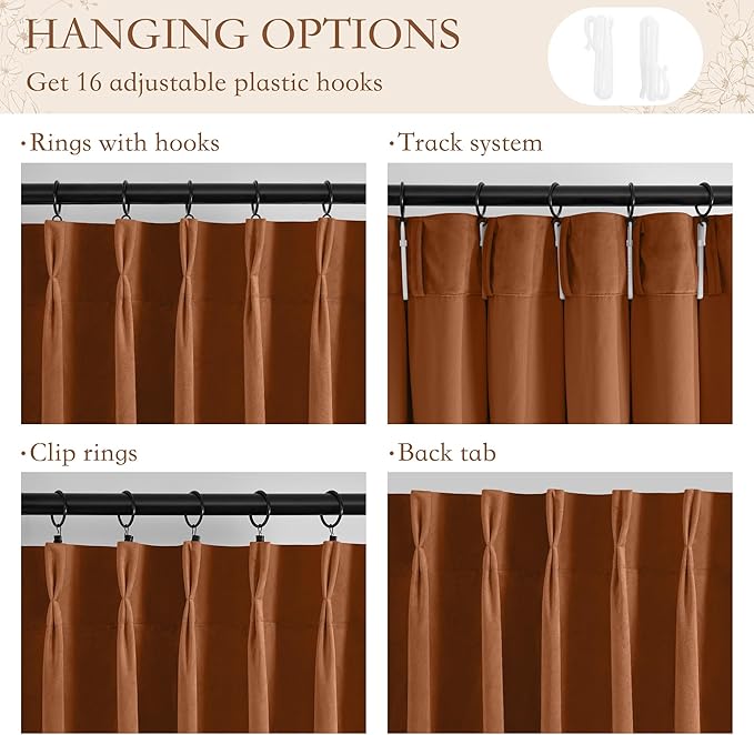 StangH Pinch Pleat Floor to Ceiling Velvet Curtains,Burnt Orange Luxury Fall Curtains Vertical Room Darkening Thermal Drapes for Bedroom Track System, W40 x L108, 2 Panels