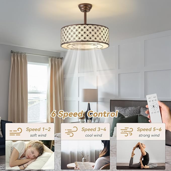 Brown Fandelier Ceiling Fan with Light, 20" Caged Brown Chandelier Ceiling Fans with Lights Remote Control, Fabric Mid-Century Modern with 6 Speeds for Bedroom, Nursery, Living Room.