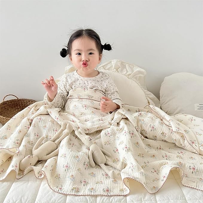 BuLuTu Large Cotton Muslin Kids Toddler Throw Blanket - 47''x51'' Reversible Lightweight Azalea Little Flower Thin Summer Quilt Baby Quilt for Crib Bed,Stroller,Travel,White
