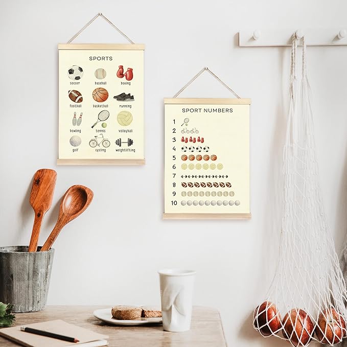 CGBHW Educational Sports Poster Hanger Frame, Learning Sport Balls Number Posters Wall Art Hanging Decor for Homeschool Toddler Boy Kids Room Playroom Nursery，12x16Inch Set of 2