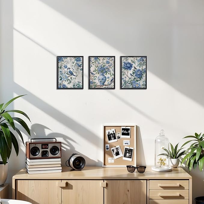 OFJE Vintage Chinoiserie Floral Bird Wall Art Decor Prints Set of 3, Retro Blue and White Grandmillenial Flower Birding Wall Art Posters Decor for Home Bedroom Living Room, 8x10 Unframed