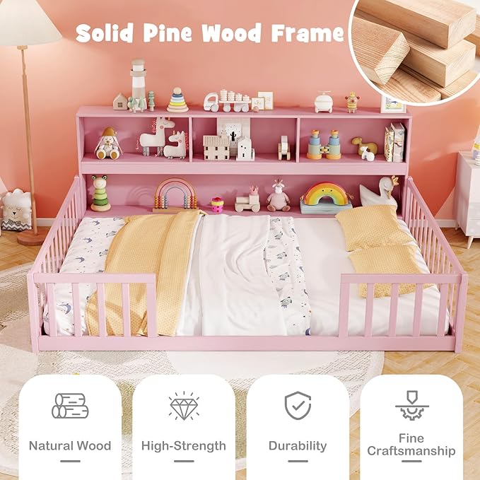 KOMFOTT Full Floor Bed with Bookcase & Shelves, Wood Bed Frame with Bedside Bookshelves & Guardrails, Versatile 2-in-1 Montessori Floor Bed for Kids (Full,Pink)