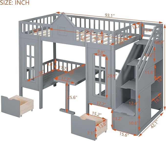 Playhouse Twin Size Loft Bed with Storage Staircase, Solid Wood Bunk Bed Frame with Guardrail for Kids Teens Boys Girls, Down Bed Convertible to Seats and Table Set (Grey-C)