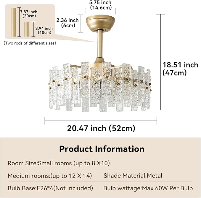 20" Gold Fandelier Ceiling Fan with Lights, Gold Crystal Chandelier Ceiling Fans with Light Remote Control, Modern Caged 6-Speed for Bedroom, Living Room, Nursery