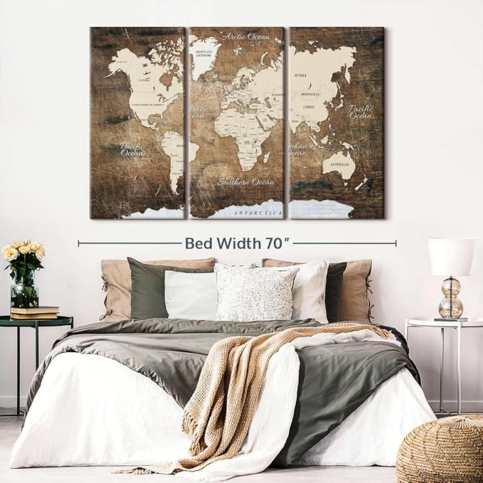 ElephantStock Aged Brown World Map I Wall Art - 3 Piece Canvas World Map Wall Decor - Ready-to-Hang Canvas Print - Vintage Wall Art - 65" X 42"