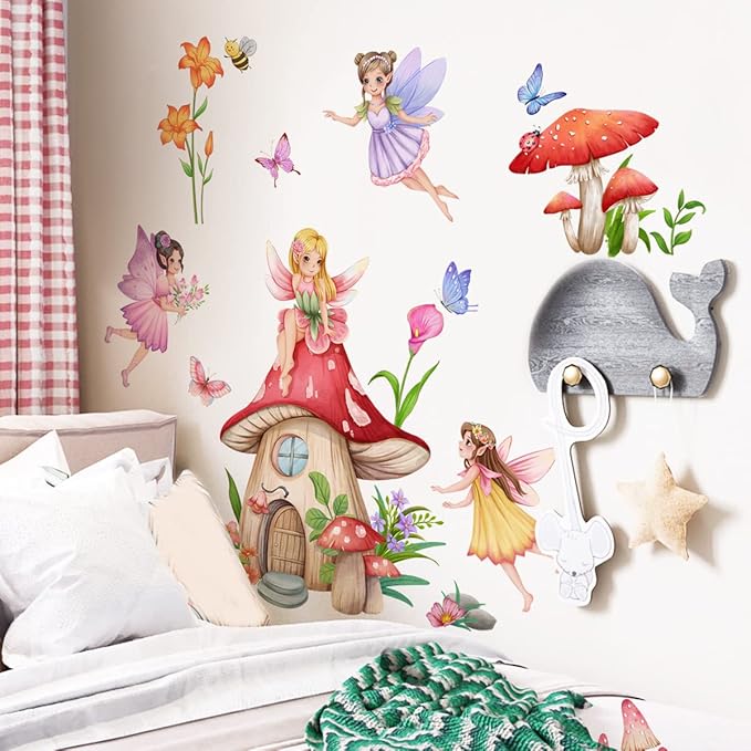 Fairy Girls Wall Decals Mushroom with Flowers Butterfly Wall Stickers for Baby Nursery Girls Bedroom Wall Decor
