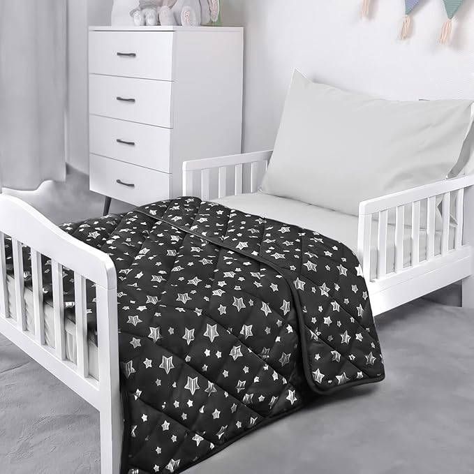 Baby Blanket for Boys and Girls, Soft Cozy Toddler Comforter Quilted with Black Star Print, Ultra Soft and Comfortable Down Alternative Crib Comforter, 39x47 Inches