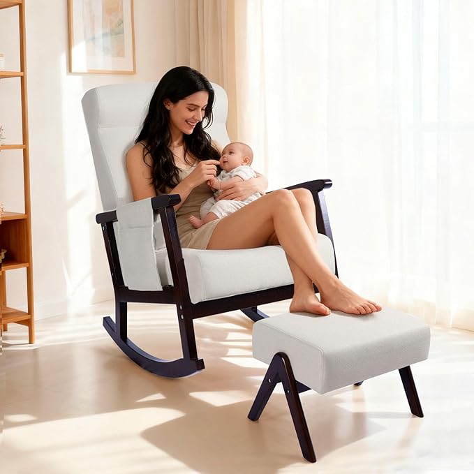 NOBLEMOOD Rocking Chair with Ottoman, Upholstered Nursing Glider Rocker with Side Pocket & Pillow, Comfy High Back Reading Chair with Solid Wood Legs for Nursery/Living Room/Bedroom