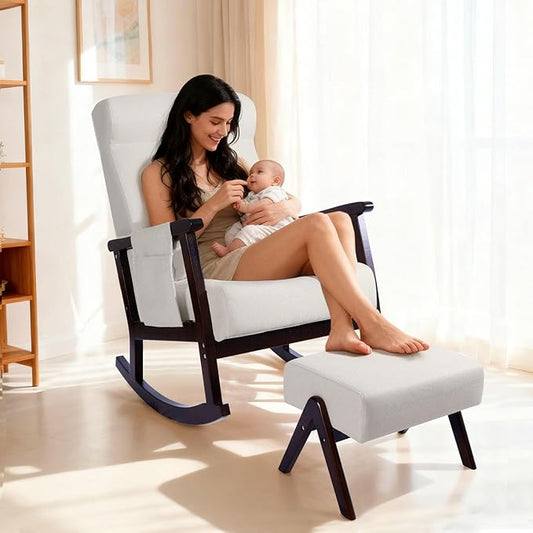 NOBLEMOOD Rocking Chair with Ottoman, Upholstered Nursing Glider Rocker with Side Pocket & Pillow, Comfy High Back Reading Chair with Solid Wood Legs for Nursery/Living Room/Bedroom