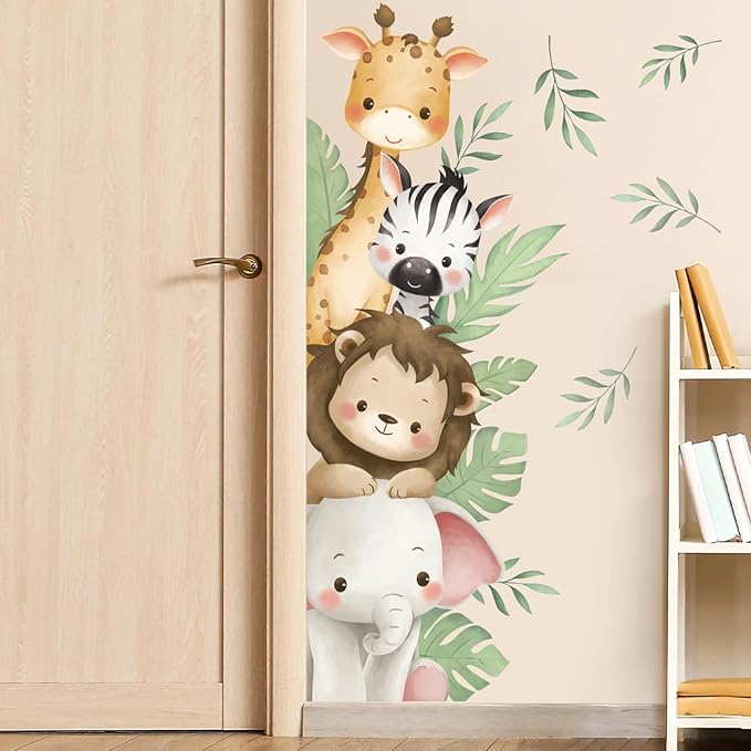 SHUCHING Watercolor Jungle Animal Wall Decals Peel and Stick, Vinyl Safari Elephant Lion Giraffe Zebra Wall Sticker, Wall Decor Art for Nursery Baby Playroom Kids Bedroom