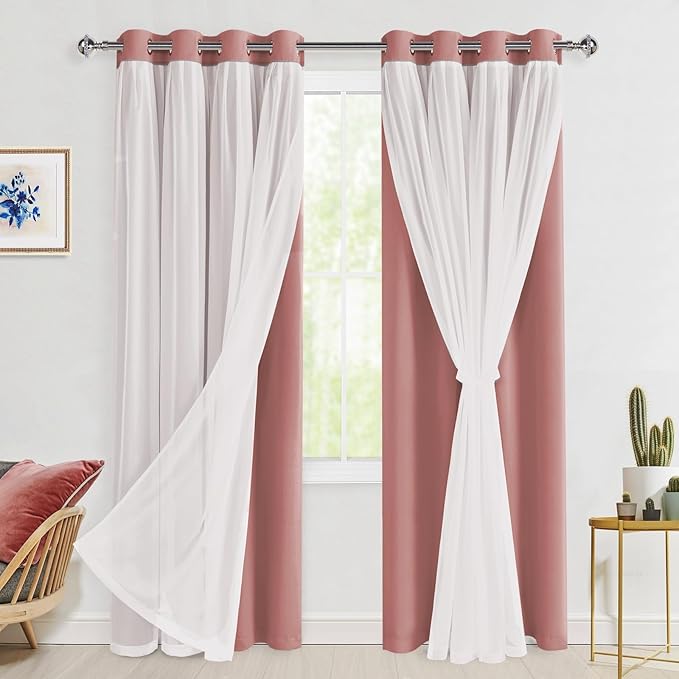 Hiasan Blackout Curtains with Sheer Overlay,Thermal Insulated Mix & Match Double Layer Room Darkening Curtains for Bedroom,Living Room,Nursery,2 Window Panels Sewn with Tiebacks,Dusty Rose,52W X 84L