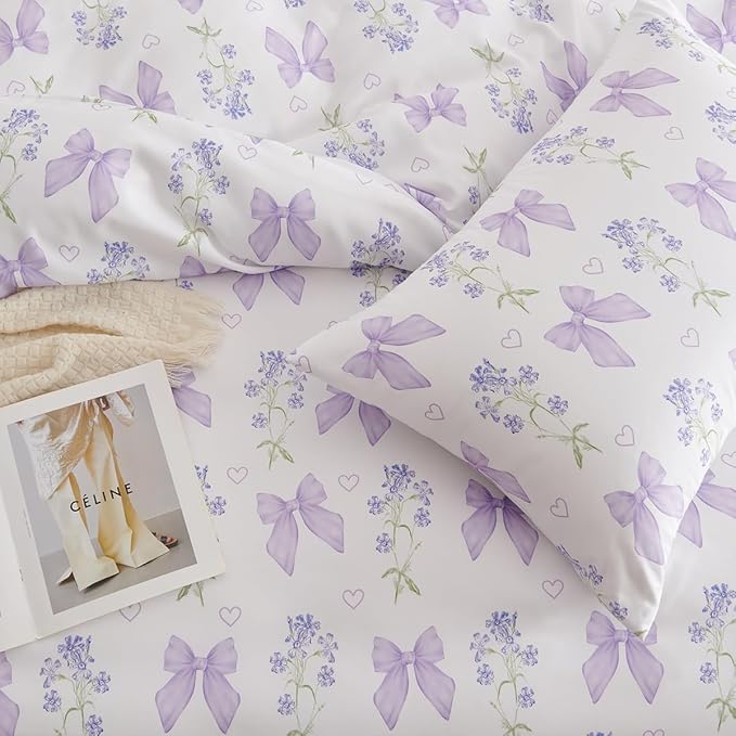 Purple Bow Duvet Cover Full 3Pcs Girls Floral Duvet Cover Set, Cute Romantic Princess Style Bowknot Bedding Set Soft Microfiber Garden Flower Bedding with 2 Pillowcases(No Comforter)