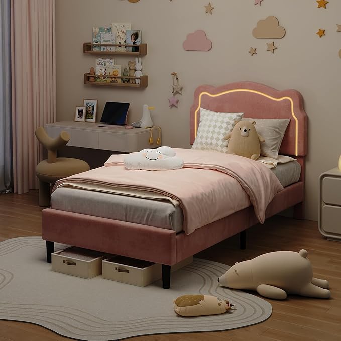 GarveeHome Twin Upholstered Smart LED Bed Frame with Headboard, Velvet Princess Platform Bed Frame for Kids, Wooden Slats Support, No Box Spring Needed (Pink, Twin)