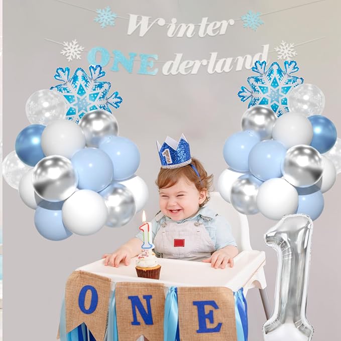 Winter Onederland Party Decorations, Winter Onederland 1st Birthday For Boy,Blue First Birthday Decorations For Boy With Blue White Balloons, Snowflake Balloons, Number 1 Balloon And Banner