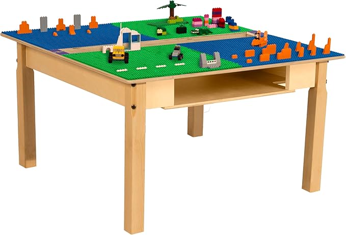 Contender Time-2-Play Square Blue & Green Birch Hardwood All Purpose School Activity Lego Compatible Table with Trough and Shelf for Kids with 18" Long Wood Legs