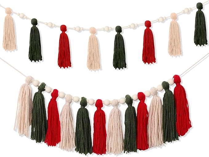 2 Pcs Tassel Garland with Wood Beads, Handmade Cotton Yarn Wall Hanging Banner Boho Tassel Wall Hanging Party Decor for Nursery, Birthday Baby Shower Home Classroom Decoration(Red Green)