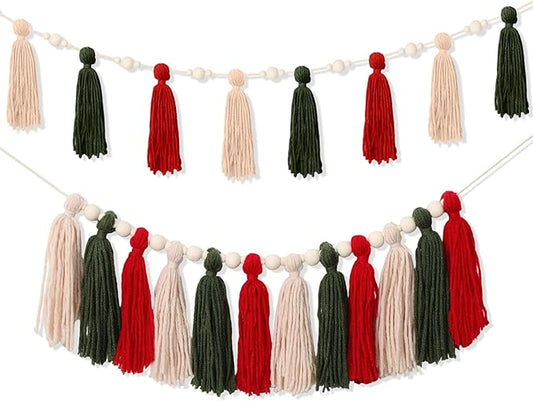 2 Pcs Tassel Garland with Wood Beads, Handmade Cotton Yarn Wall Hanging Banner Boho Tassel Wall Hanging Party Decor for Nursery, Birthday Baby Shower Home Classroom Decoration(Red Green)