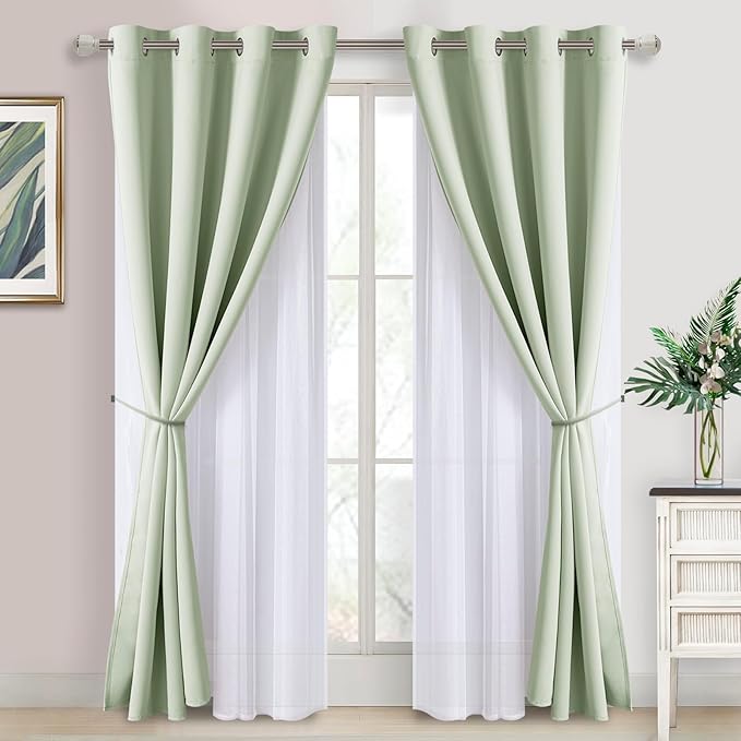 DWCN Layered Curtains for Living Room Blackout and Sheer Curtains with Tiebacks Grommet Top Window Treatments with Sheer Overlay for Bedroom, 52 W by 84 L, Seafoam, 2 Pieces