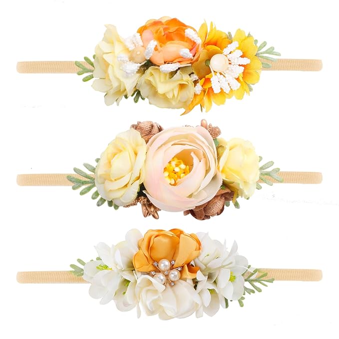 Baby Girl Floral Headbands- 3pcs Nylon Headband Handmade Flower Crown Elastic Hairband Newborn Toddler Hair Accessories Gifts for Girls （1-6 years old）