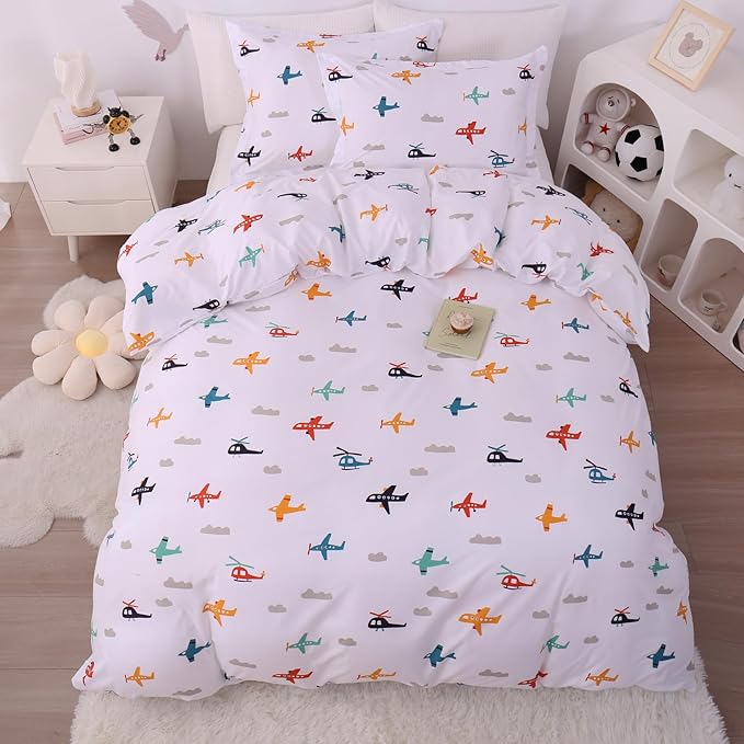 JSD Airplane Kids Duvet Cover Set Full Size, 3 Piece Soft Printed Microfiber Comforter Cover with Pillow Sham Zipper Closure, Comforter Not Included