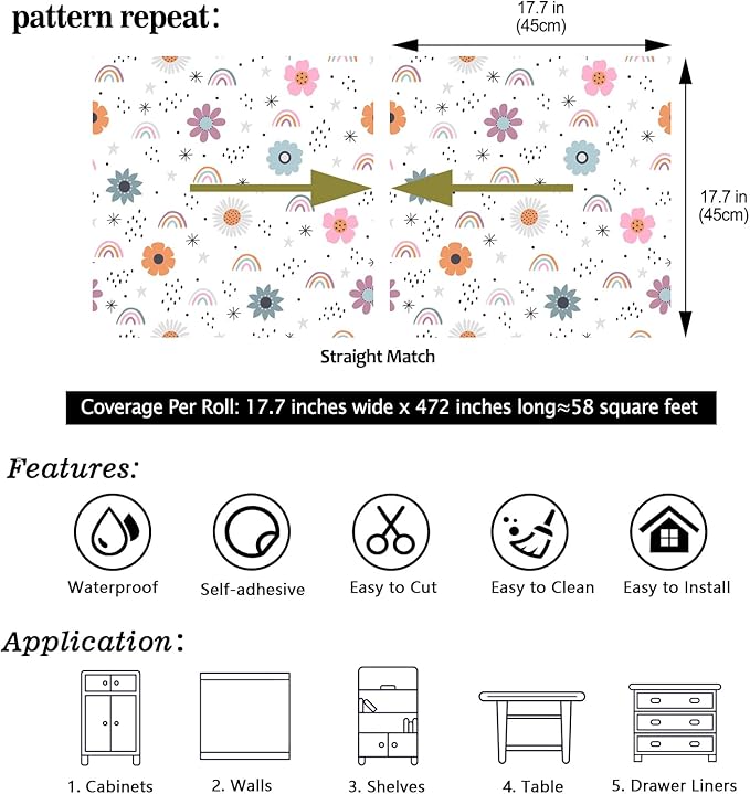 CHIHUT Boho Rainbow Kids Peel and Stick Wallpaper 17.7”x472” Whimsical Flower Rainbow Self Adhesive Removable Cute Contact Paper for Kids Room Nursery Playroom Watercolor Wallpaper for Classroom