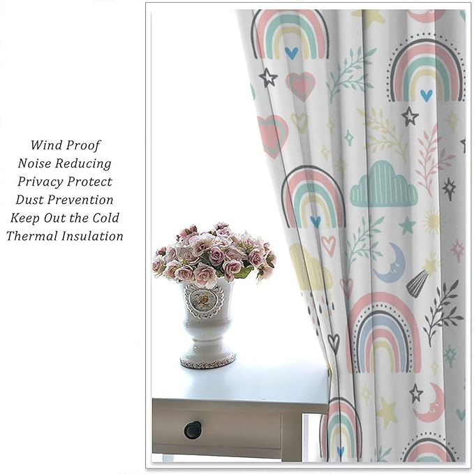Boho Rainbow Curtains for Kids Nursery Colorful Floral Sun Star Clouds Pastel Bohemian Pattern Print Window Drapes for Girl Bedroom Living Room Kitchen Decor,2 Panel Set,63Wx72H Inch Blackout