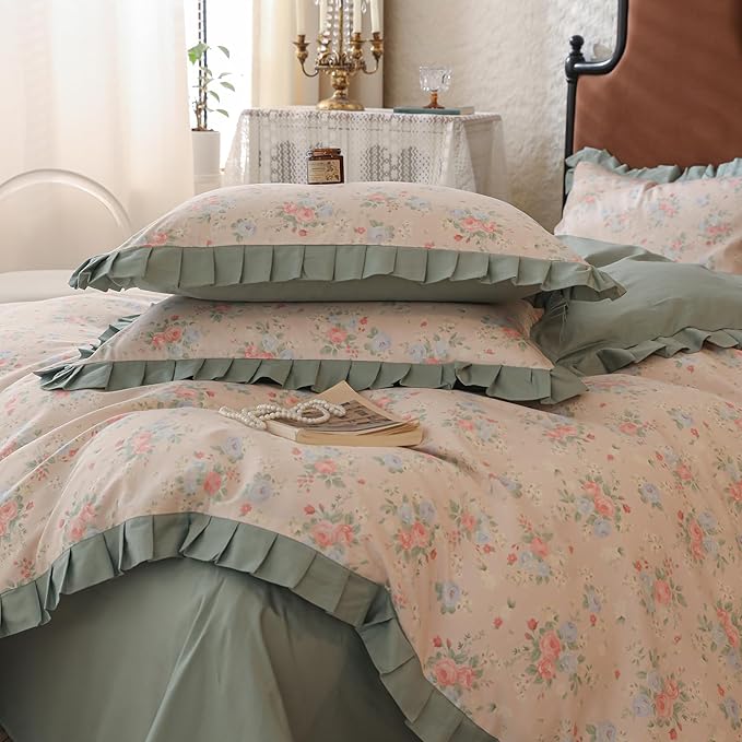 Pink Blue Flower Duvet Cover Set King 100% Cotton Romantic Floral Bedding Set with Green Ruffles Girls Botanical Floral Comforter Cover Princess Bedding Lace Duvet Cover King with Zipper Closure