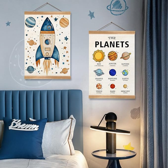 Solar System Poster Wall Art Set of 2, The Planets Wall Decor Wood Hanger, Space Classroom Decor, Outer Space Planets Poster for Boys and Girls Nursery, Bedroom, Playroom, Toddler and Kids Room(Solar system)
