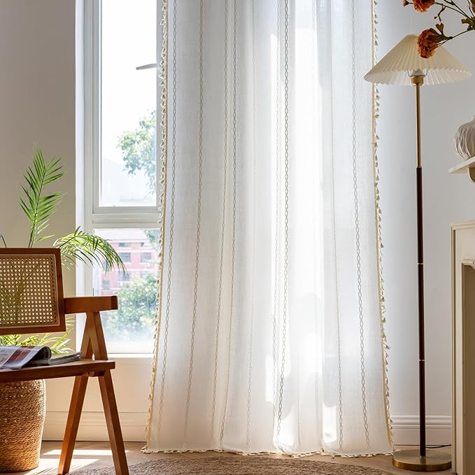 Deeprove White Boho Curtains 102 inch Extra Long for Bohemian Farmhouse House Decoration, Sheer Window Treatment, Privacy Embroidery Drape for Bedroom Living Room Doorway, 1 Panel W52 x L102