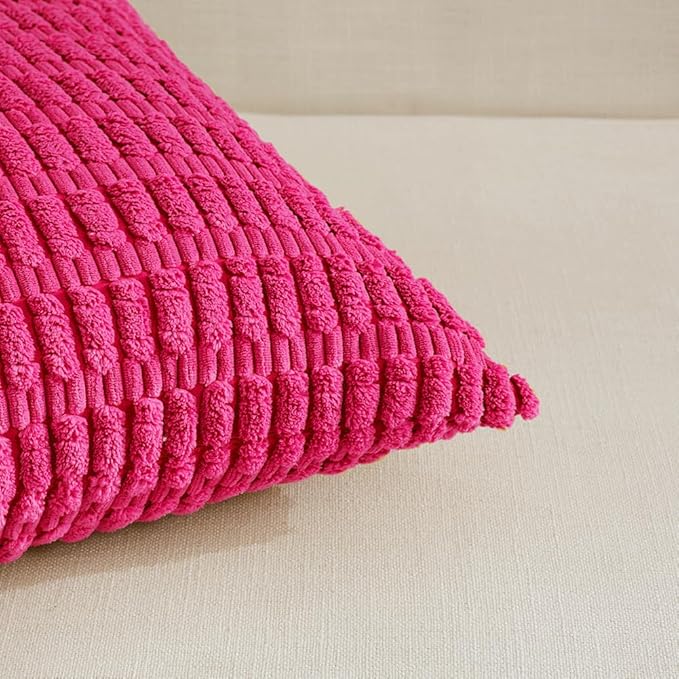 Fancy Homi 2 Packs Hot Pink Decorative Throw Pillow Covers 20x20 Inch for Living Room Couch Bed Sofa, Rustic Farmhouse Boho Home Decor, Soft Striped Fuschia Corduroy Square Cushion Case 50x50 cm