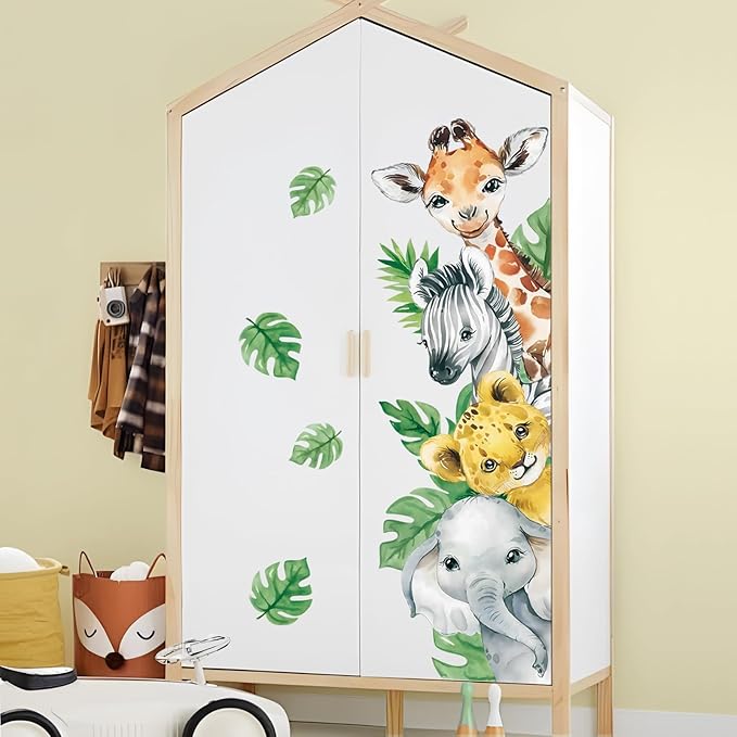 Tanlaby Jungle Animal Wall Stickers Cartoon Animal Wall Decals Giraffe Zebra Elephant Green Leaves Wall Art for Kids Baby Nursery Bedroom Playroom Decor，Right