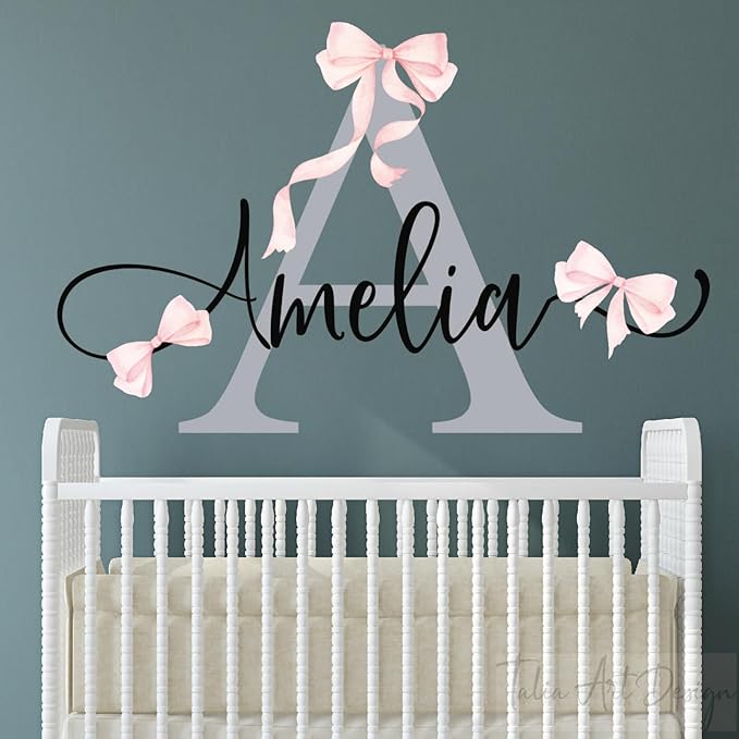 Custom Name & Color Pink Bow Wall Decal for Girls Bedroom - Personalized Nursery Wall Art, Removable Vinyl Name Sticker for Kids Room Decor