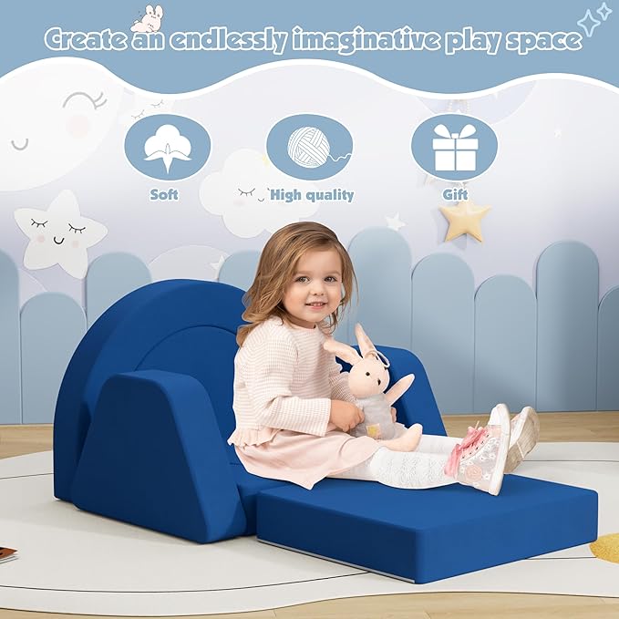 7 PCS Modular Kids Play Block Couch Child Sectional Sofa Toddler Building Fortplay Bedroom Playroom Baby Convertible Floor Foam Cushion for Boys & Girls (Blue-Single)