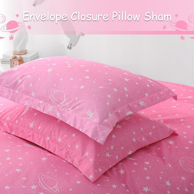 JSD Pink Stars Kids Duvet Cover Set Queen Size, 3 Piece Girls Space Theme Microfiber Comforter Cover with Pillow Shams Zipper Closure, Comforter Not Included