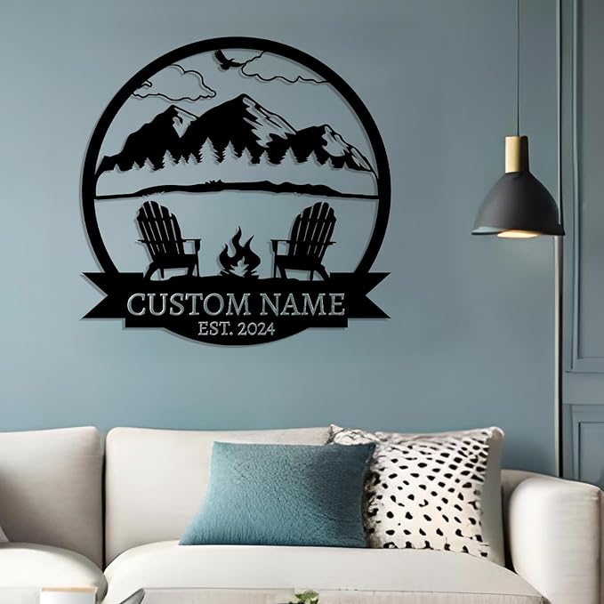 Personalized Camping Signs | Custom Metal Family Name Sign | Mountain Campfire Sign | Metal Mountain Wall Art | Custom Signs Outdoor Metal | Black Metal Wall Art | Cabin Decor