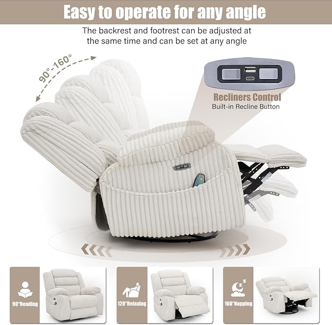 Power Swivel Rocker Recliner Chair for Adults with Massage and Heat, USB and Type-C Charging Port, Infinite Position, Electric Glider Rocking Chairs for Living Room, Nursery, Pale Grey