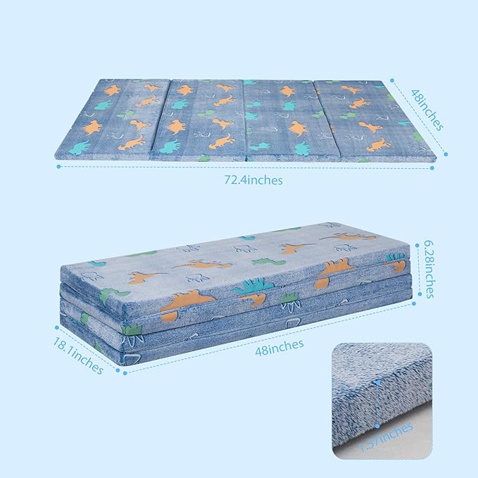 MeMoreCool Kids Floor Futon Mattress, Play Mat Muscle Mat Large 6x4 FT, Thicken Foam Tatami Mattress for Children Play Area, Foldable Sleeping Crawling Pad for Playroom, Dinosaur