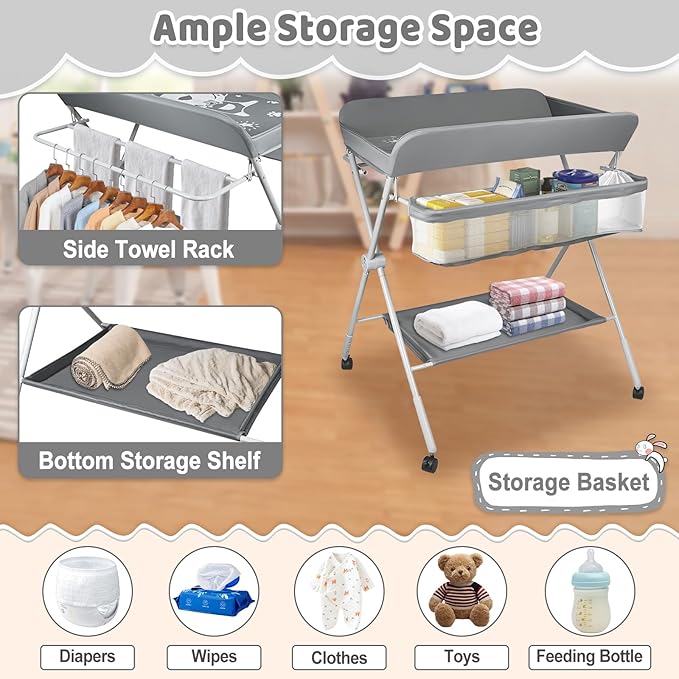 Baby Changing Table, Portable Folding Diaper Changing Station with Wheels, Adjustable Height Nursery Organizer with Safety Belt & Storage Basket & Hanging Rack for Newborn Baby and Infant (Gray)