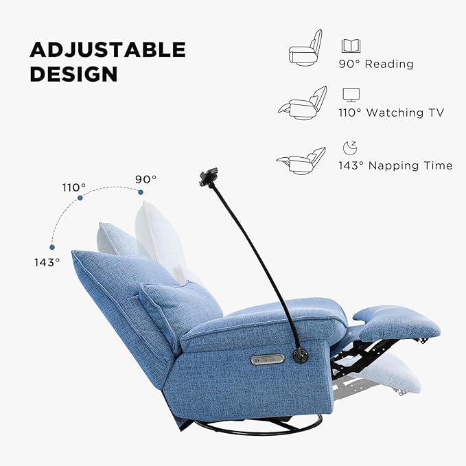 Nouhaus Swivel Nursery Recliner Glider, Oversized Electric Rocker Recliner Chair with USB & Type-C Port, Wireless Charger Phone Holder, Reclining Rocking Chair for Nursery (Snooze Modern, Sky Blue)