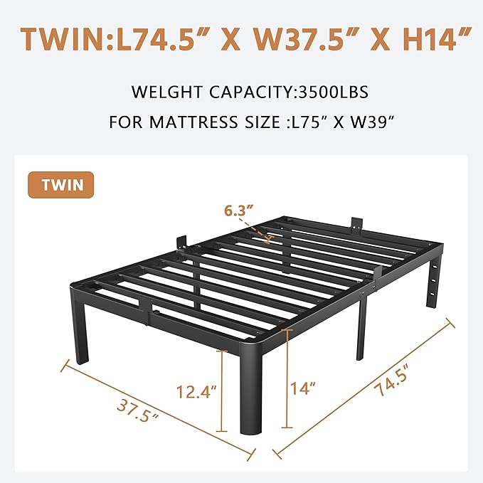 Twin Size Bed Frames 14 Inch, Metal Twin Bed Frame No Box Spring Needed, DIY Headboard Holes, Heavy Duty Steel Support 3500 LBS, Noiseless, Round Corner Leg, Storage Space, Easy Assembly, Black