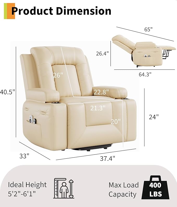 GarveeHome Power Recliner Chair - Heat and Massage, Adjustable Electric Recliner Ergonomic PU Leather Single Sofa, Tall Back, Padded Seat, Lazy Chair for Living Room